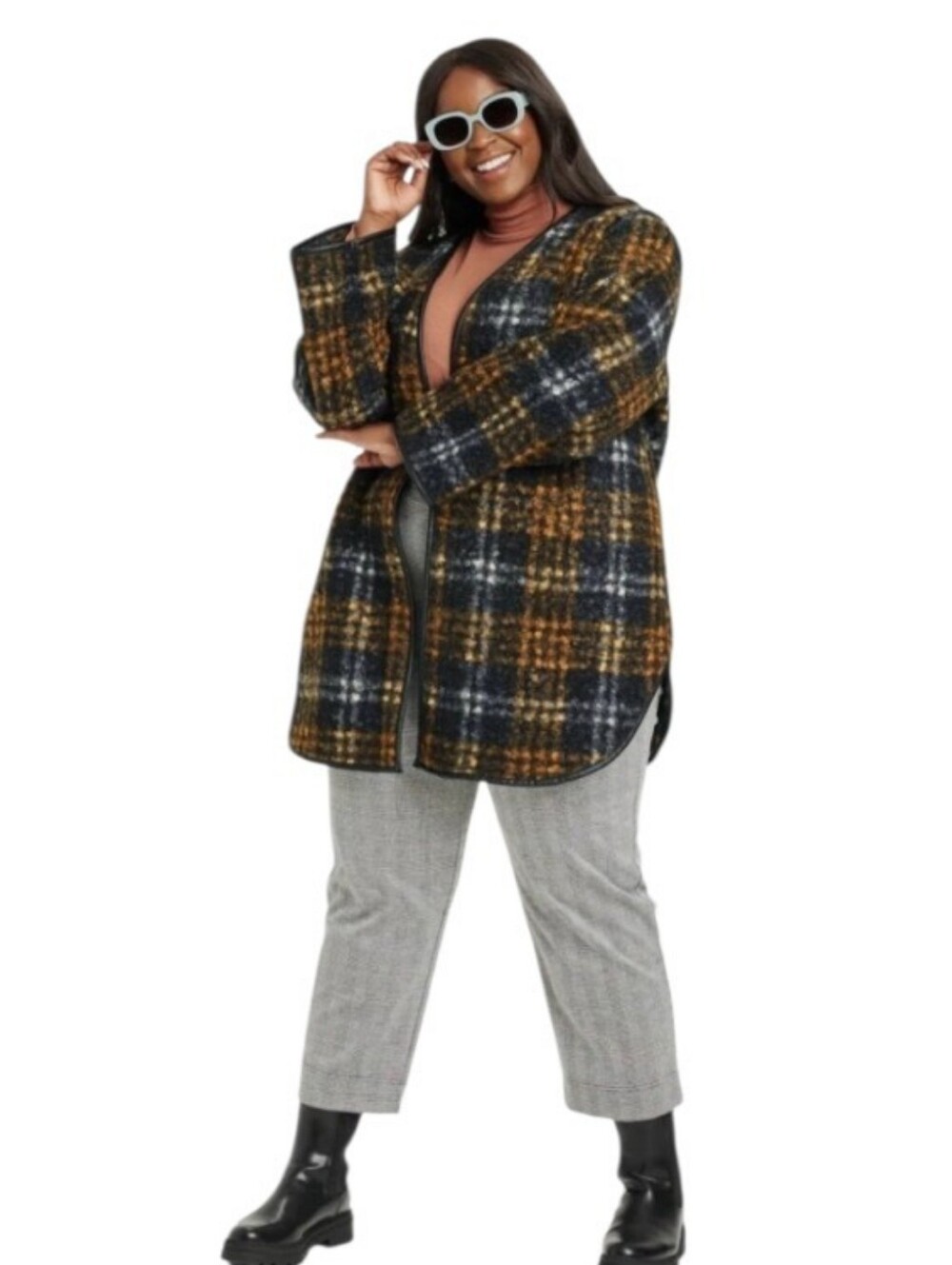 Ava & Viv Plaid Boucle Orange Black Gray Cardigan Jacket 2X